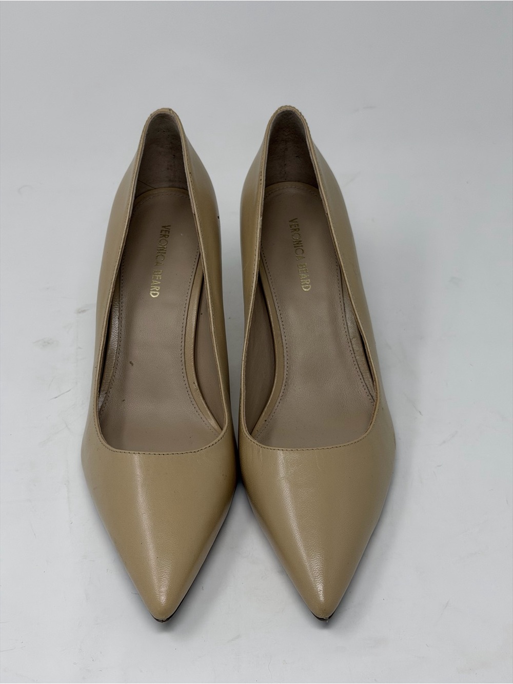 Veronica  Beard Label Taupe Pointed-Toe Leather Pumps